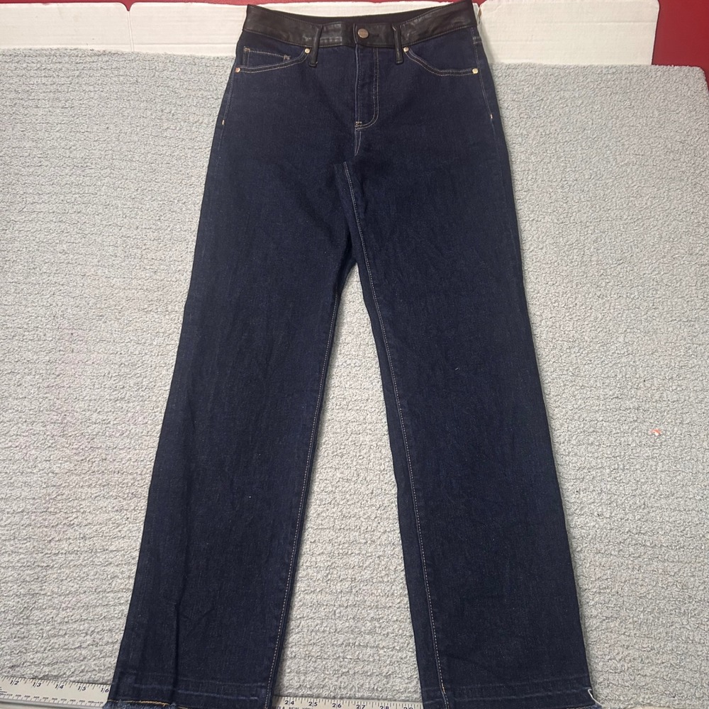 Express Jeans Straight Ankle High Rise 4L Dark Wash Faux Leather Trim Raw Hem